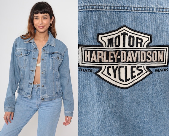 Harley Davidson Denim Jacket 90s Jean Jacket Light Wash Distressed Biker Trucker Blue Grunge Rocker 1990s Punk Vintage Mens Medium M