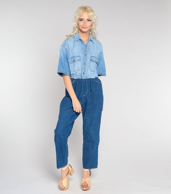 ShopExile Y2K Denim Jumpsuit Blue Playsuit Button Up 00s One Piece Tapered Blue Jean Romper Pants Pocket Short Sleeve 2000s Vintage Medium