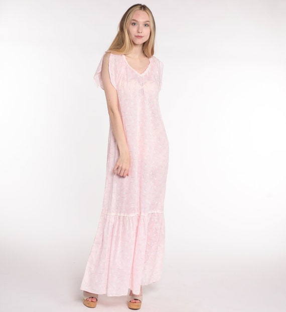 Vintage Floral Maxi Dress 70s Hippie Pastel Pink Ditsy Floral Dress Boho Semi-Sheer Cottagecore Bohemian V Neck Tent Tulip Sleeve Medium