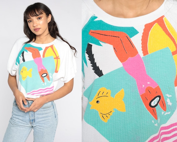 Ocean Pacific Shirt Tropical Swim Top 80s Swimming Shirt 1980s Fish Beach Shirt Graphic Shirt Sweatshirt Vintage Top Short Sleeve Medium