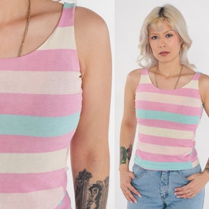 Striped Tank Top 80s Sleeveless T-Shirt Pink Blue Stripes Print Retro Casual Blouse Summer Shirt Cotton Vintage 1980s Extra Small xs image 1