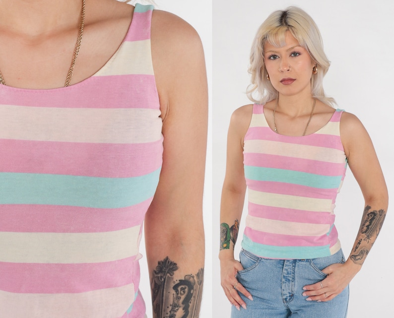 Striped Tank Top 80s Sleeveless T-Shirt Pink Blue Stripes Print Retro Casual Blouse Summer Shirt Cotton Vintage 1980s Extra Small xs image 1