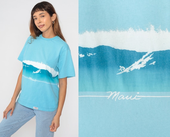 Maui Surfer Shirt 90s Crazy Shirts Hawaii T-Shirt Ocean Surfing Graphic Tee Wraparound Print Surf Blue Single Stitch Vintage 1990s Large L
