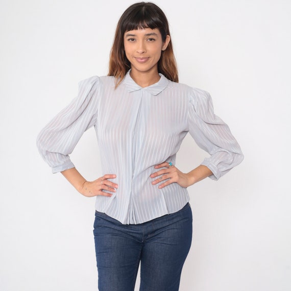80s Puff Sleeve Blouse Grey Striped Shirt Semi-Sheer Button Back Shirt Pleat Front Top Vintage 3/4 Sleeve Blouse Retro 1980s Collar Medium