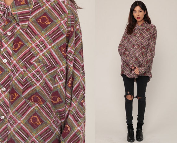Novelty Shirt HORN INSTRUMENT Shirt Button Up 70s Top Plaid Shirt Hippie Bohemian 1970s Vintage Long Sleeve Extra Large xl