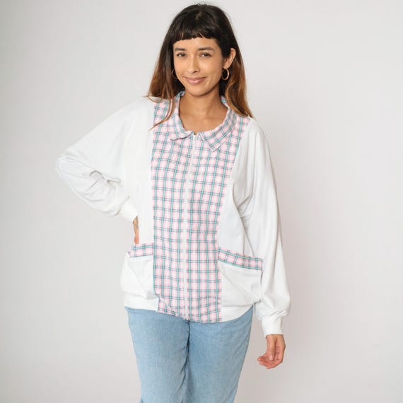 80s 90s Plaid Zip Up Jacket White Pink Checkered Jacket Vintage Sportswear Warm Up 1990s Zipper Front Lightweight Casual Streetwear Large