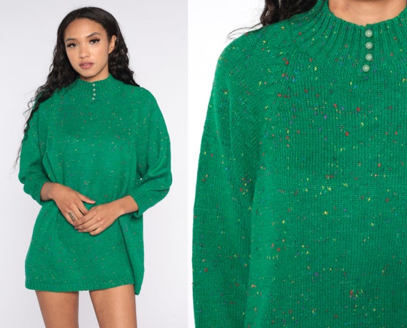 70s Flecked Sweater Green Boho Knit Longline Sweater Button Up Wool Blend Sweater 1970s Vintage Hippie Bohemian Pullover Small Medium Large
