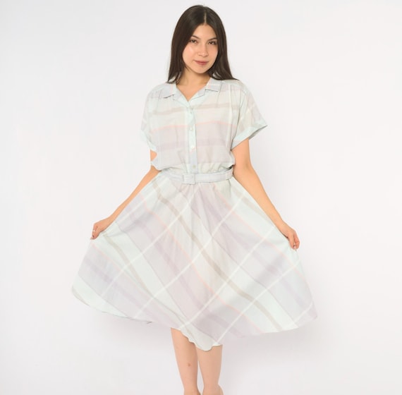 80s Pastel Plaid Shirt Dress Blue Lavender Cotton Short Sleeve Button Front Blouson A Line Semi Sheer Pink Garden Party Dress Medium M