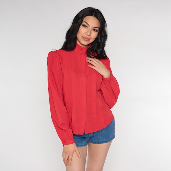 Red Blouse 80s Ruffle Neck Top Retro Long Puff Sleeve Secretary Blouse High Collar Pleated Preppy Professional Shirt Vintage 1980s Medium