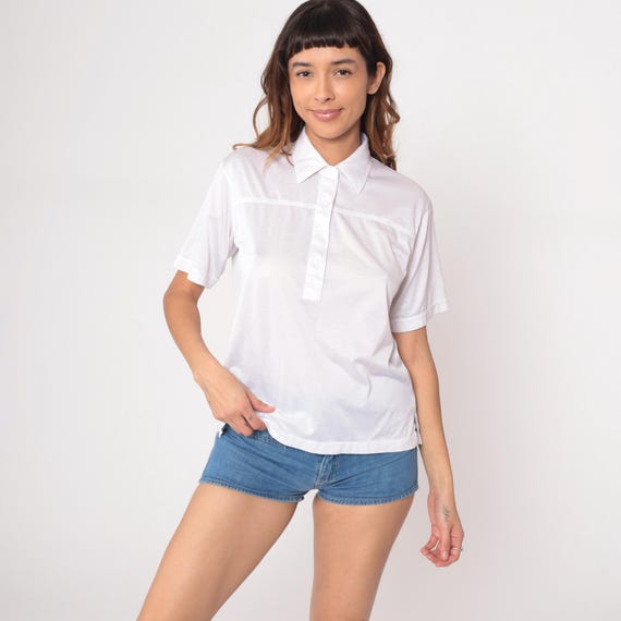90s White Polo Shirt Short Sleeve Collared Office Blouse Chest Pocket Classic Work Top Preppy Minimalist Clean Girl Corporate Style Large L
