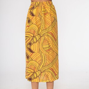 African Skirt Boho Tribal Print Yellow HIGH WAISTED Midi Skirt 80s Long Vintage Hippie Festival Summer Skirt 1980s Small Medium image 6