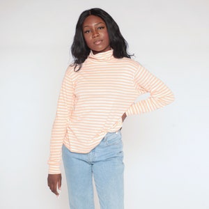 Striped Turtleneck Shirt 80s Long Sleeve Top Retro Basic Hipster Turtle Neck Pullover Simple Casual Blouse White Peach Vintage 1980s Large L image 2