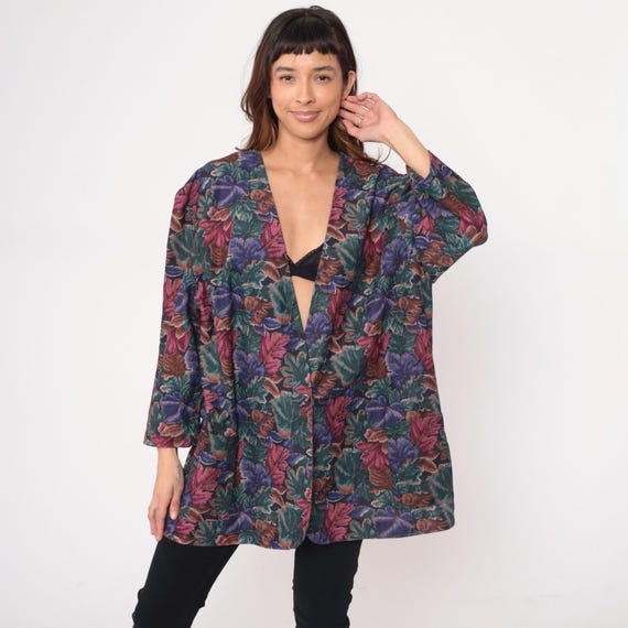 90s Floral Kimono Cardigan Blazer Open Front Long Sleeve Purple Pink Blue Teal Green Brown Rust Jewel Tone Jacket Duster Vintage Large L
