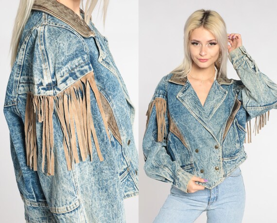 Denim Fringe Jacket 90s Leather Fringe Jean Jacket Double - Etsy