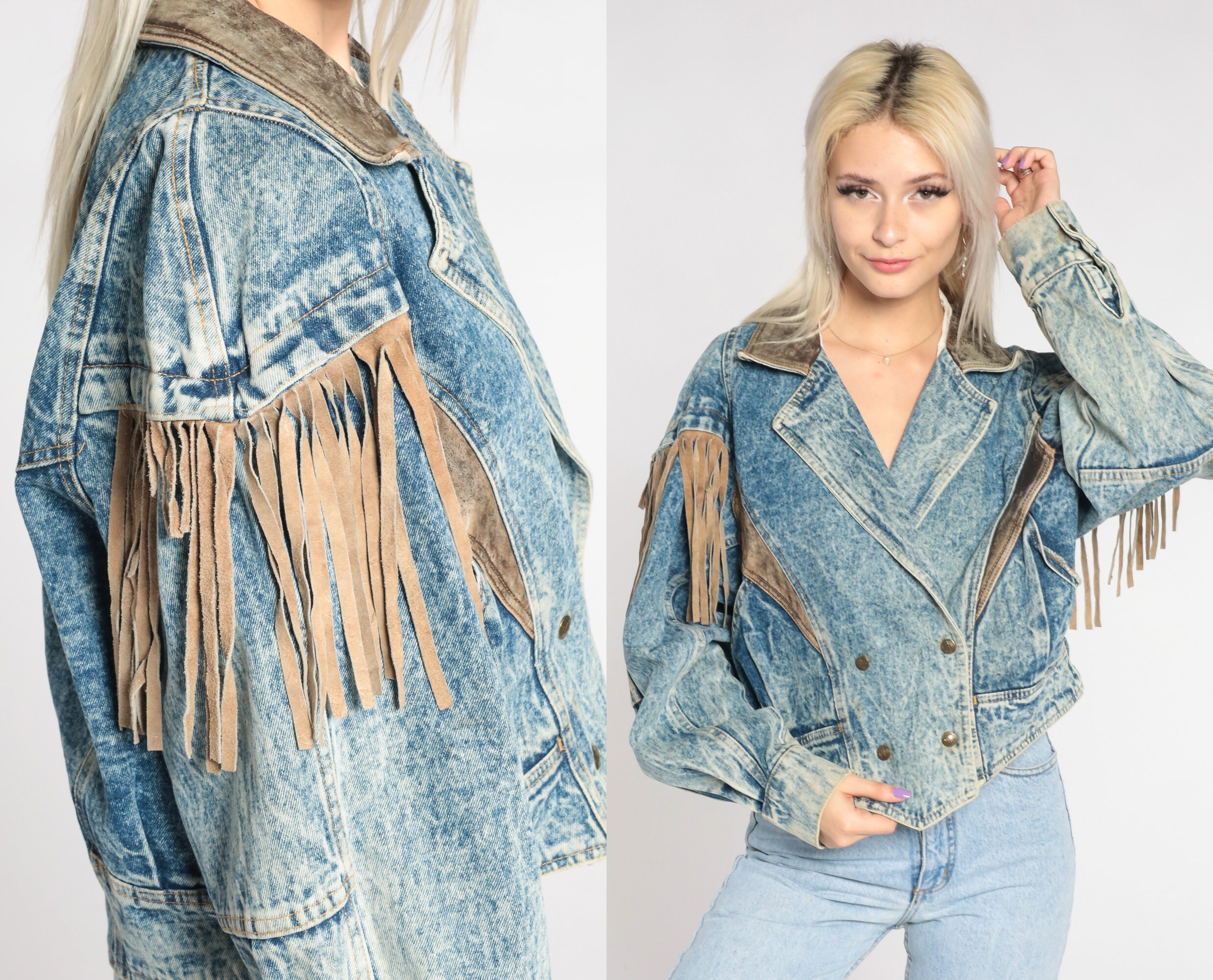 Jean jacket with leather fringe sale