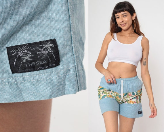 Y2K Tropical Beach Shorts Vintage 2000s Blue Chambray Swim Trunks Banana Leaf Print Drawstring Waist Unlined Lightweight Swimwear Small