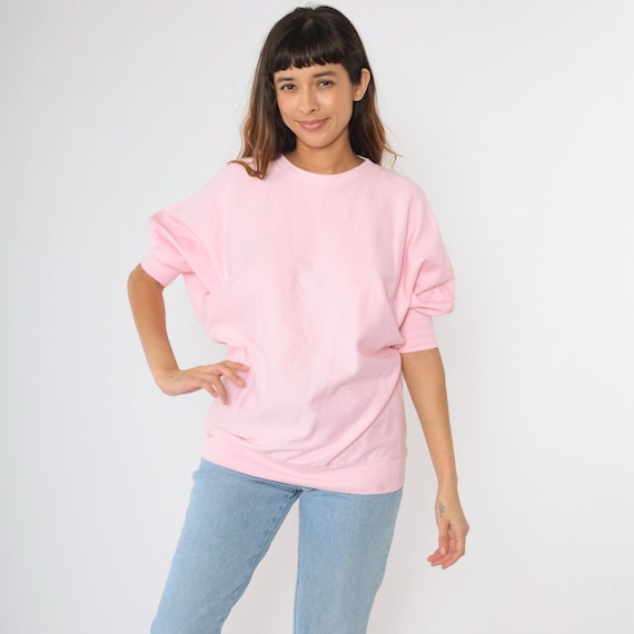 Vintage Dolman Sleeve Sweatshirt 80s Baby Pink Short Sleeve Sweater Retro Slouchy Pullover 1980s Crewneck Plain Pastel Small Medium xs