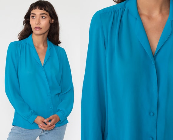 Blue Button Up Blouse 80s Blouse Vintage 1980s Plain Simple Draped Collared Shirt Polyester Top Retro Plain Long Sleeve Medium