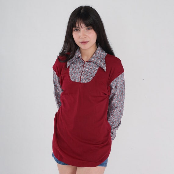 70s Collared Shirt Attached Vest Blouse Burgundy Geometric Print Long Sleeve Top Retro Freaks and Geeks Shirt Blue Vintage 1970s Medium M