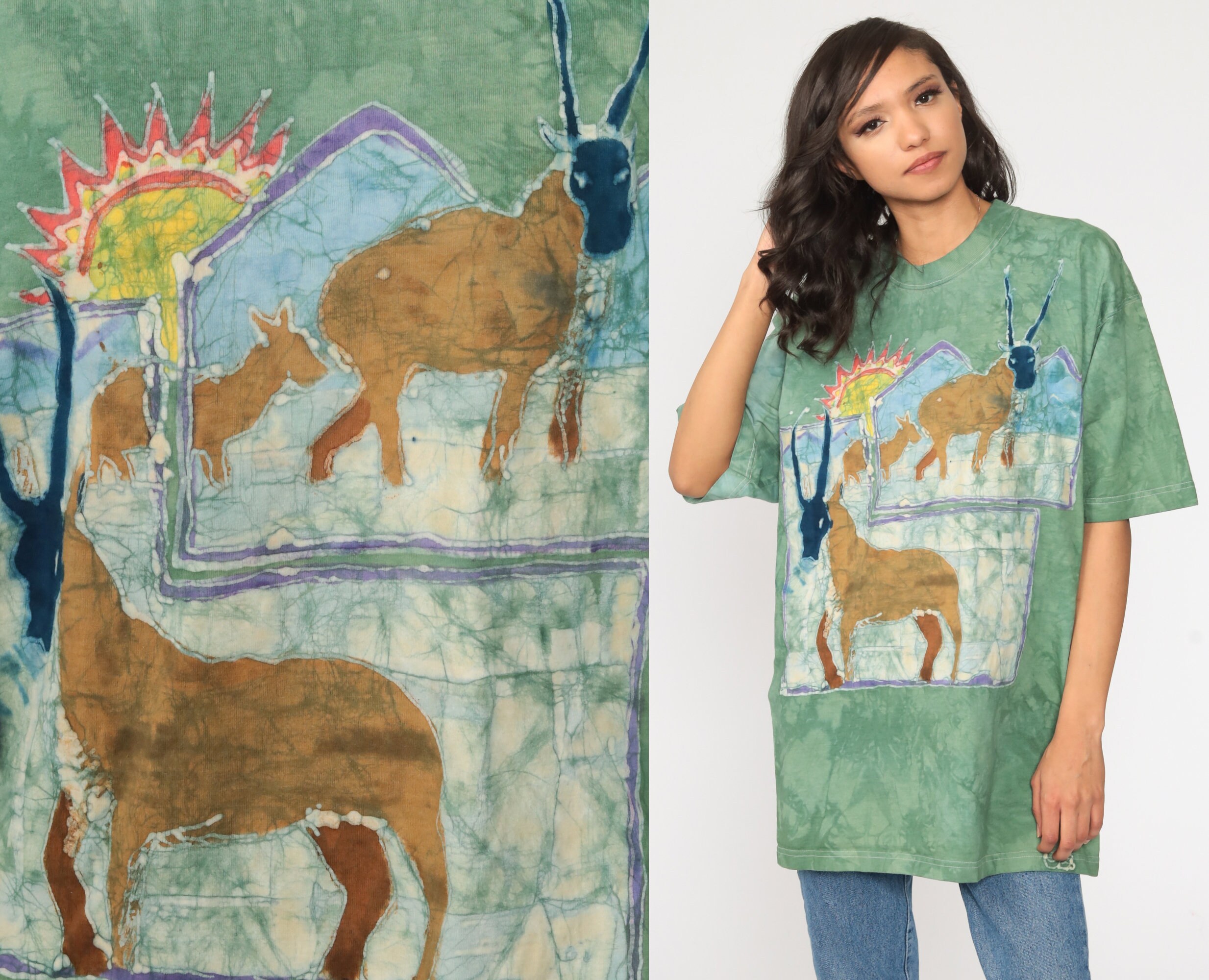 Tie Dye Shirt 90s African Antelope Shirt Animal T Shirt Green