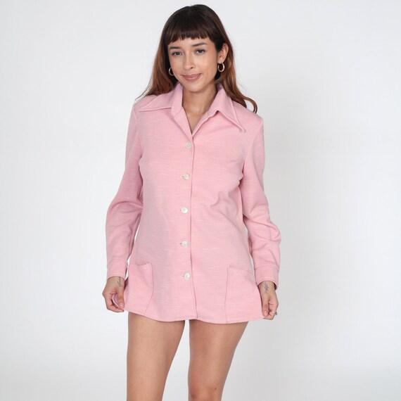 70s Pink Shirt Dagger Collar Blouse Button Up Shirt Long Sleeve Top Disco Shirt 1970s Collared Plain Pocket Polyester Knit Medium