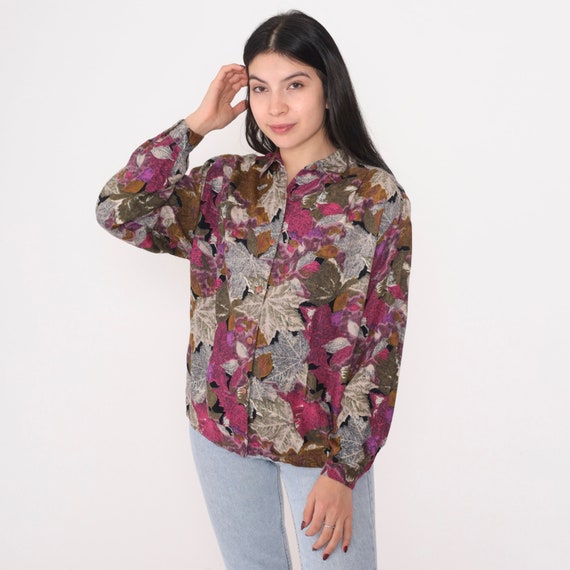 Leaf Print Blouse 90s Button Up Shirt Long Sleeve Collared Top Leaves Print Boho Retro Pink Purple Green Brown Vintage 1990s Dudwell Large L