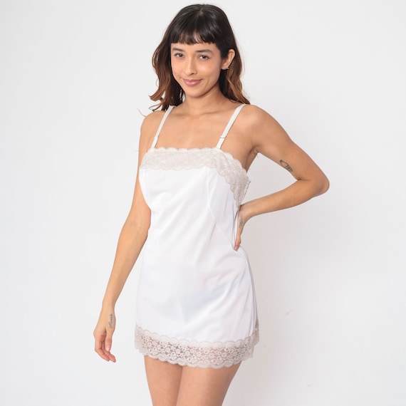 Sheer White Slip Dress 70s Lingerie Mini Dress Nylon Cream Lace Trim Boudoir Nightgown Sexy Sleeveless Adjustable Strap Vintage 1970s Small