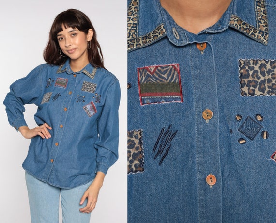 90s Denim Shirt Leopard Patchwork Abstract Blue Jean Hippie Button Up Collared Blouse Boho Artsy 1990s Long Sleeve Vintage 80s Medium M
