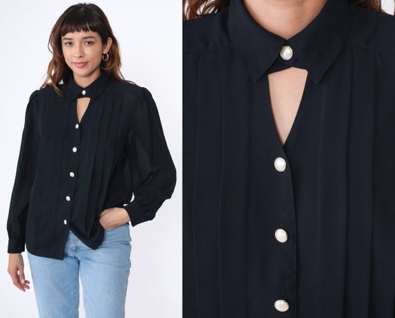 Black Keyhole Blouse 90s Pearl Button Up Top Puff… - image 1