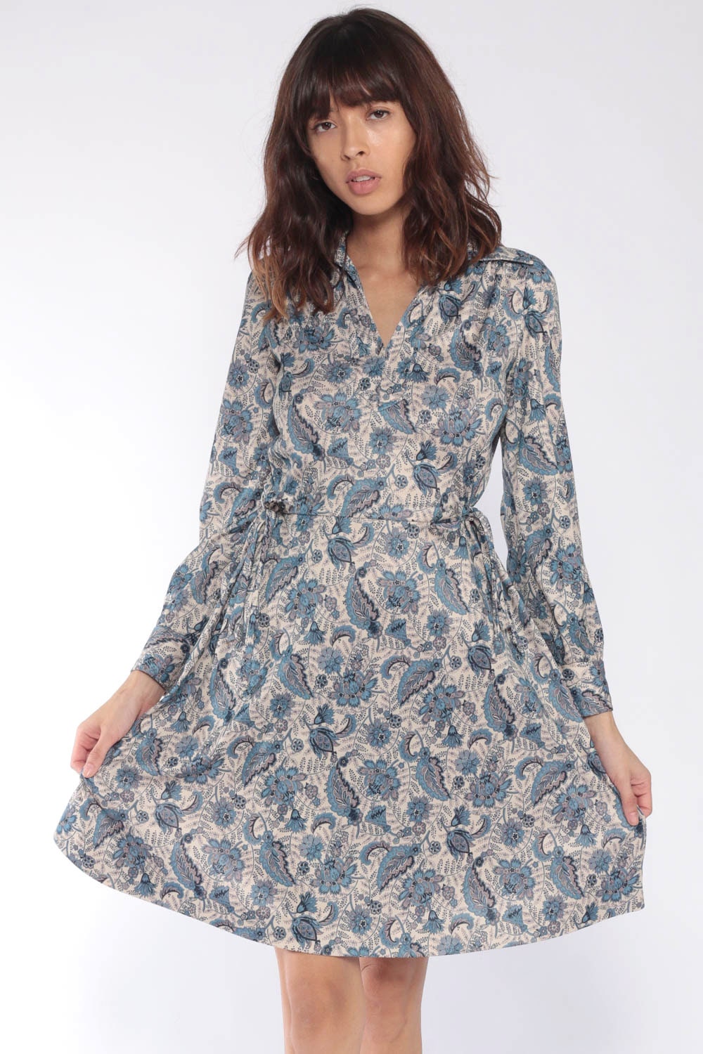 70s Mini Dress Floral Dress Boho Blue Beige High Waisted Long Sleeve ...