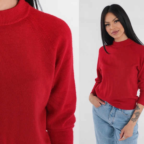 Red Sweater 90s Mock Neck Knit Pullover Sweater Raglan Sleeve Retro Preppy Basic Plain Simple Knitwear Acrylic Jumper Vintage 1990s Small S