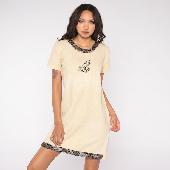 Dragon Mini Dress 90s Mariko Beige Linen Embroidery Short Sleeve Trim Minimalist Shift Summer Dress Medium M