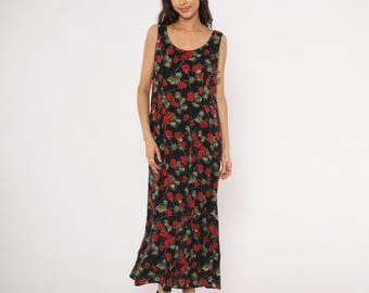 Vestido largo estampado de rosas de los 90, negro, rojo, floral, sin mangas, vestido de verano, estilo cottagecore oscuro, fiesta en el jardín, grunge, gótico suave, vintage, talla L