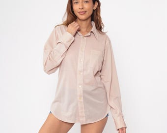 70s Tan Button Up Shirt Vintage i magnin Blush Beige Long Sleeve Pointed Collar Minimalist Oversized Neutral Office Classic Medium M