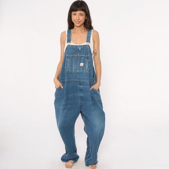 Denim Overalls 90s Blue Cotton Bib Roundhouse Workwear Vintage Dungarees Front Pocket Carpenter Utility Pants Unisex Extra Large XL