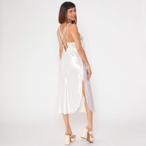 90s White Slip Dress Lace Trim Midi Nightgown Lingerie Lace Up Criss-Cross Back Side Slit Rosette Vintage Spaghetti Strap Large