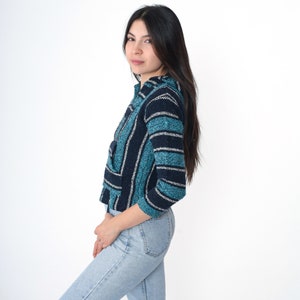 90s Blue Baja Hoodie 2xs Mexican Striped Drug Rug Sweatshirt Cropped Hippie Boho Hooded Blanket Bohemian Kangaroo Pocket 1990s xxs zdjęcie 4