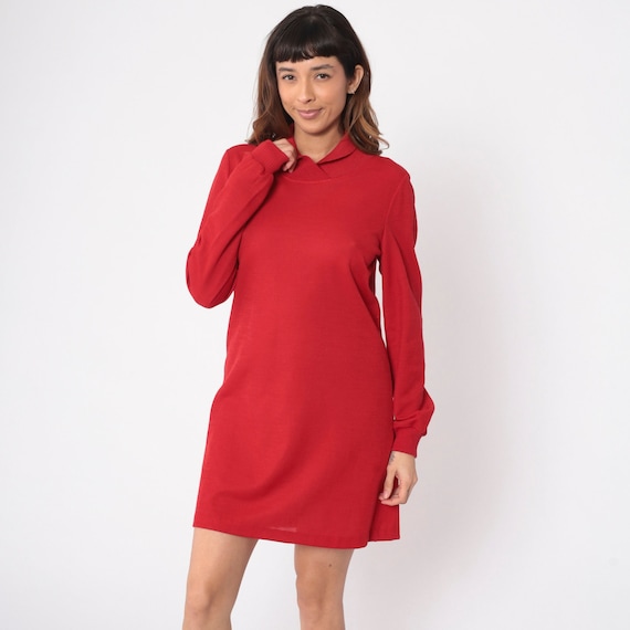 80s Mini Dress Red Shawl Collar Dress 1980s Vintage Shift Retro Plain Long Sleeve Knit Cuffs MiniDress Small