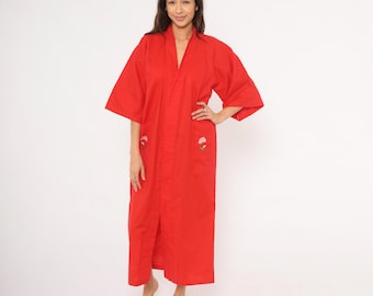 Red Kimono Robe 90s Floral Embroidered Cotton Duster Maxi Housecoat Cherry Scarlet Rose Coverup Japanese Style Loungewear Unisex Small S