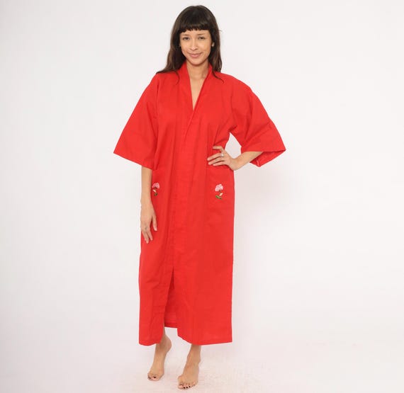 Red Kimono Robe 90s Floral Embroidered Cotton Duster Maxi Housecoat Cherry Scarlet Rose Coverup Japanese Style Loungewear Unisex Small S
