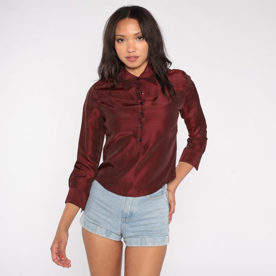 90s Burgundy Blouse Cozzi Button Down Liquid Satin Shirt Wine Red Cropped Point Collar Long Sleeve Office Evening Holiday Party Wear Small S