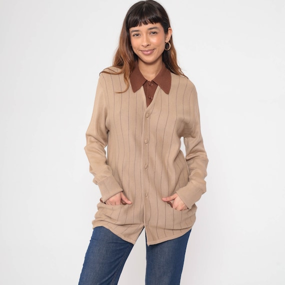 70s Striped Sweater Tan Twofer Sweater Knit Retro Slouchy Freaks and Geeks 1970s Vintage Brown Collared Button Up Men's Medium