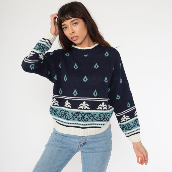 80s Geometric Sweater Cotton Ramie Sweater Navy Blue Print 90s Knit Jumper Funnel Neck Statement Sweater Vintage Pullover Small Medium