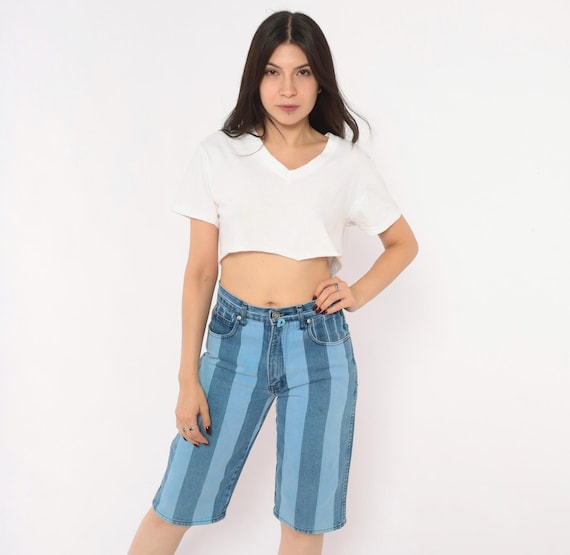 90s Striped Jean Shorts Blue White Vertical Stripe Denim Bermuda Shorts High Waist Cotton Jorts Long Knee Length Summer Vintage Small S