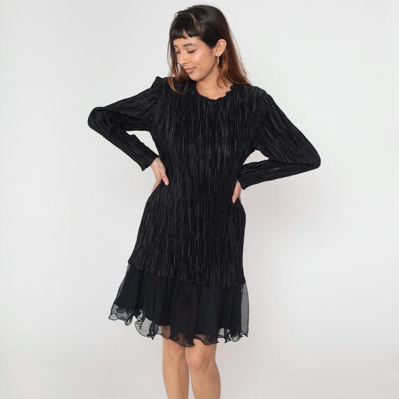Vintage Black Crinkle Pleat Dress 80s Fortuny Party Sequin Long Sleeve Layered Chiffon Hem Textured Ruffle Cocktail 1980s Formal Medium 8