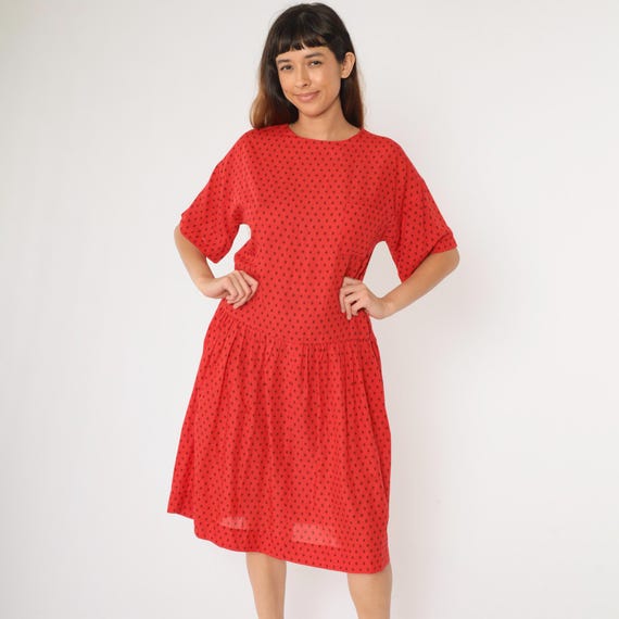 80s Geometric Dress Red Midi Drop Waist Dress Short Sleeve Diamond Print Chest Pocket Retro 1980s Vintage Medium Large