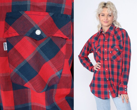 Plaid Levis Shirt 90s Pearl Snap Western Shirt Re… - image 1