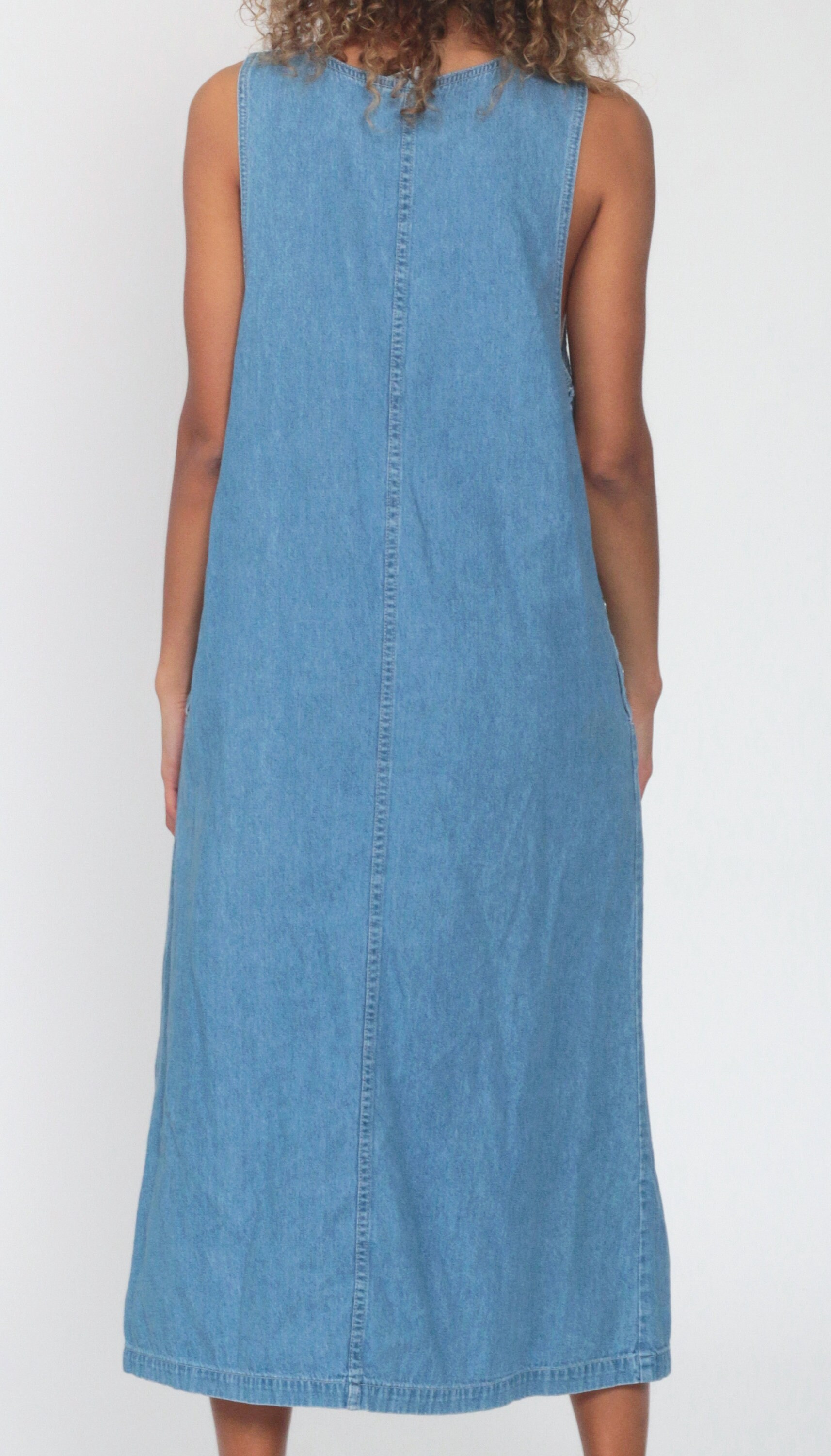 Jean Overall Dress Denim Jumper Dress 90s Midi Jean Shift 1990s Grunge Pinafore Pocket Blue 