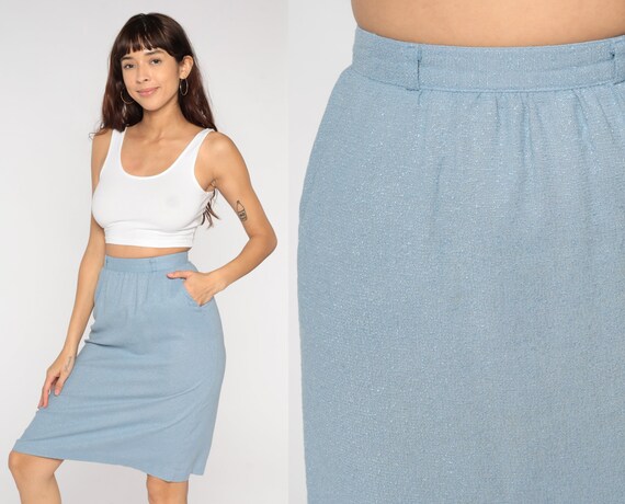 Sparkly Blue Skirt 80s Pencil Skirt Retro High Waisted Wiggle Knee Length Skirt Simple Chic Secretary Vintage 1980s Petite Extra Small xs