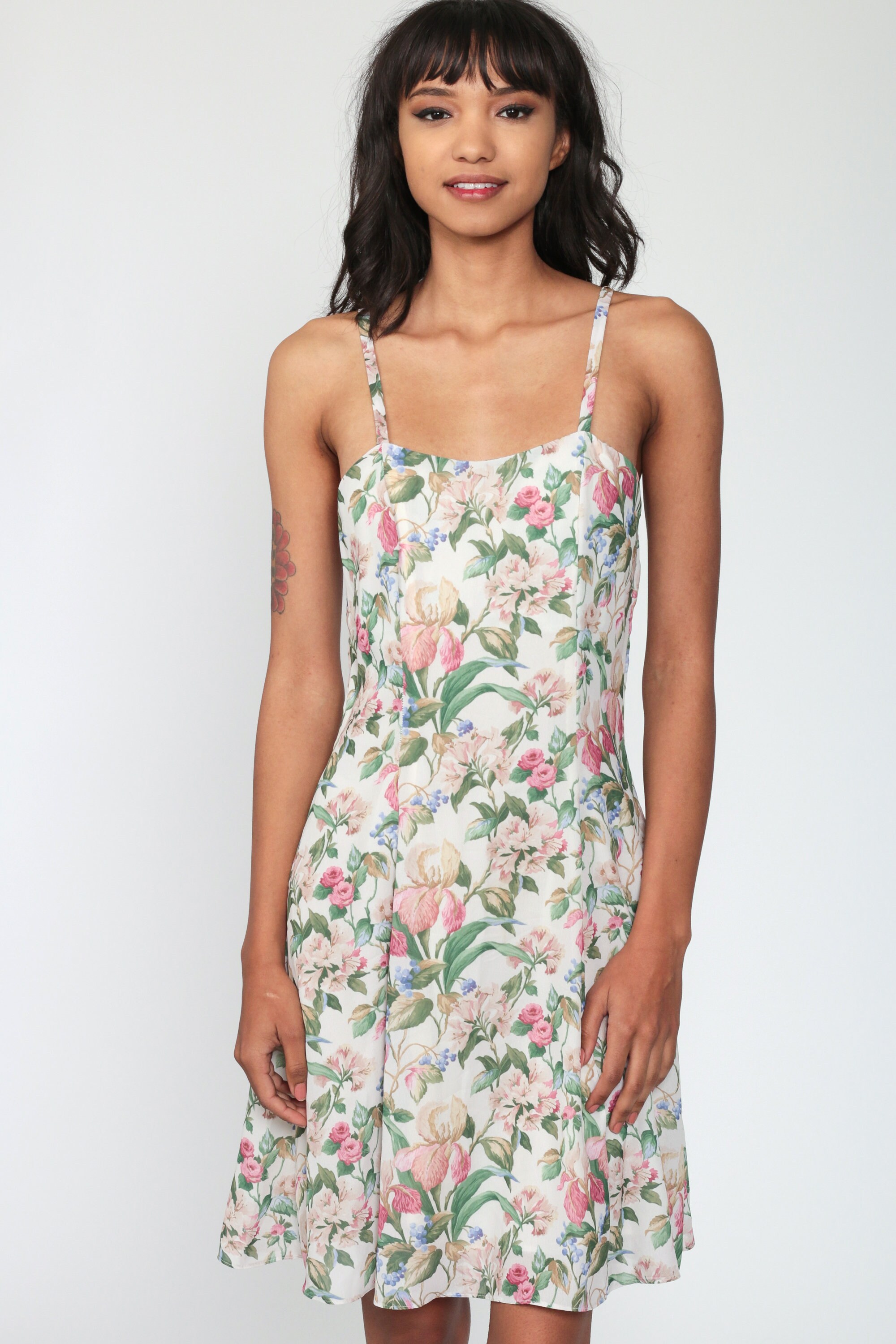 Floral Sun Dress 80s Mini Pink Print Spaghetti Strap Dress Green Sundress Fit and Flare Shabby 